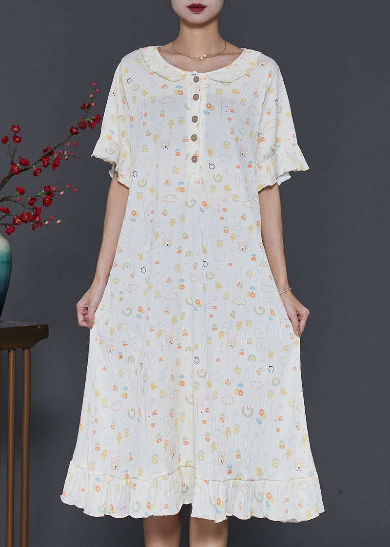 Apricot O-neck Print Cotton Robe Dresses Summer
