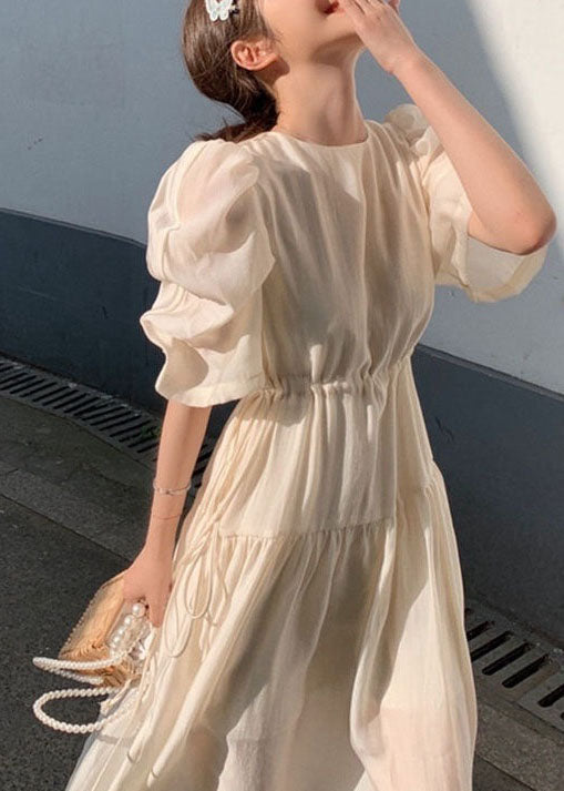 Apricot O Neck Wrinkled Patchwork Silk Dresses Puff Sleeve