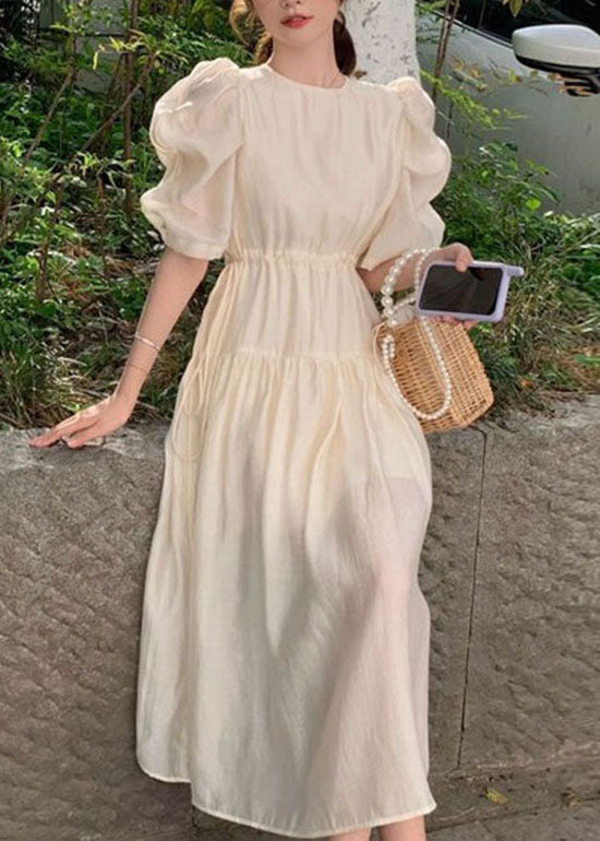 Apricot O Neck Wrinkled Patchwork Silk Dresses Puff Sleeve