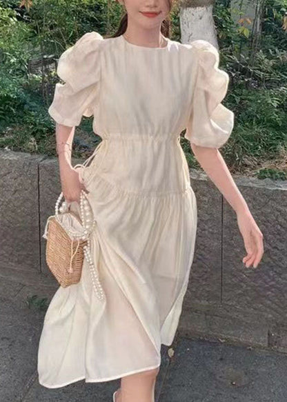Apricot O Neck Wrinkled Patchwork Silk Dresses Puff Sleeve