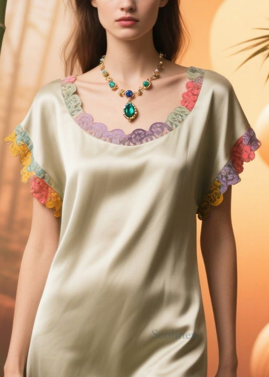Apricot Oversized Patchwork Lace Silk Tea Dress Summer