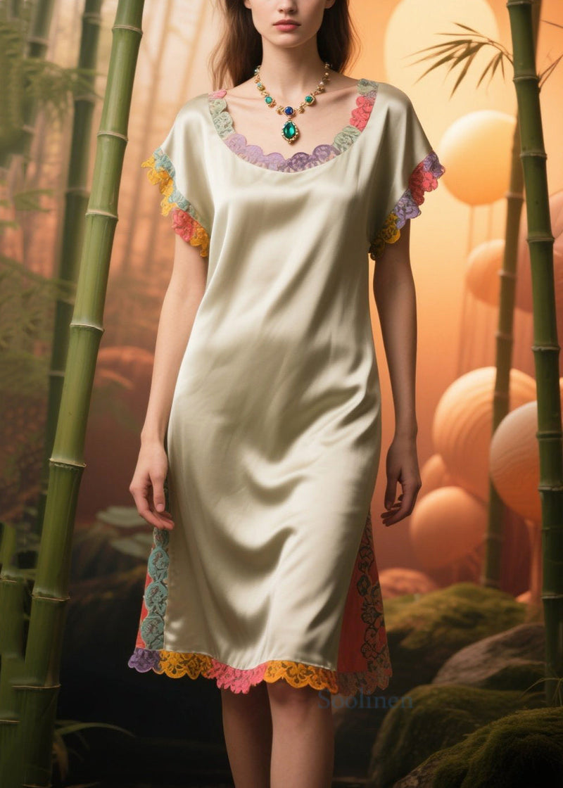Apricot Oversized Patchwork Lace Silk Tea Dress Summer
