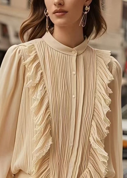 Chic Apricot Patchwork Wrinkled Chiffon Formal Shirt Spring