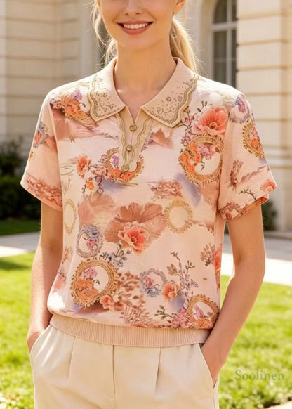 Apricot Peter Pan Collar Print Cotton Shirts Summer