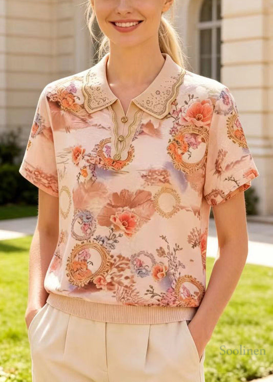 Apricot Peter Pan Collar Print Cotton Shirts Summer