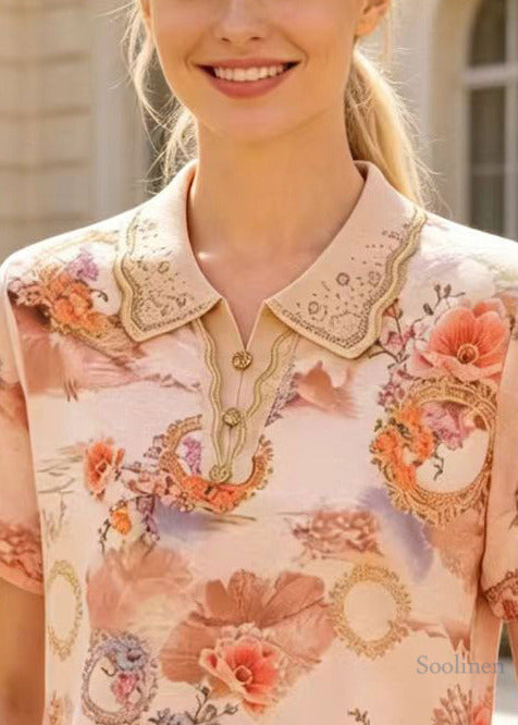 Apricot Peter Pan Collar Print Cotton Shirts Summer