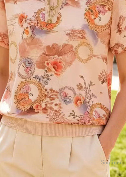 Apricot Peter Pan Collar Print Cotton Shirts Summer