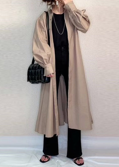 Apricot Peter Pan Collar Wrinkled Patchwork Cotton Long Shirt Trench Spring