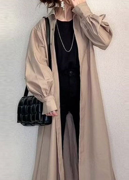 Apricot Peter Pan Collar Wrinkled Patchwork Cotton Long Shirt Trench Spring