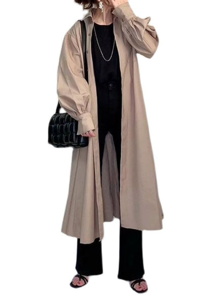 Apricot Peter Pan Collar Wrinkled Patchwork Cotton Long Shirt Trench Spring