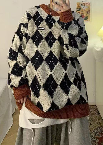 Apricot Plaid Thick Patchwork Knit Sweaters Winter