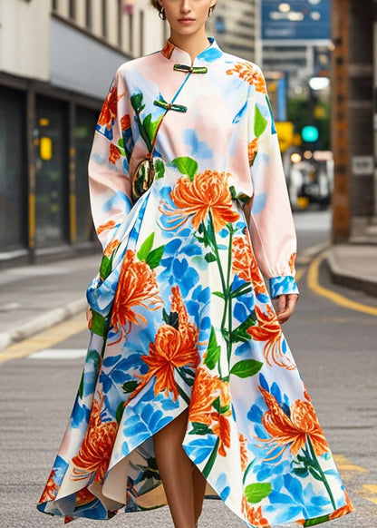 Apricot Print Asymmetrical Design Silk Oriental Dresses Spring