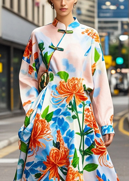 Apricot Print Asymmetrical Design Silk Oriental Dresses Spring