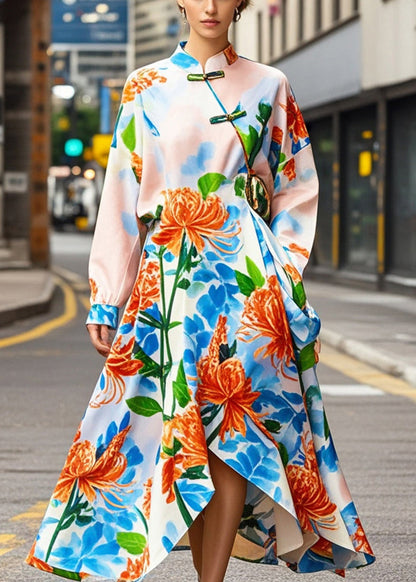 Apricot Print Asymmetrical Design Silk Oriental Dresses Spring
