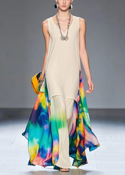 Apricot Print Patchwork Chiffon Long Dresses Summer