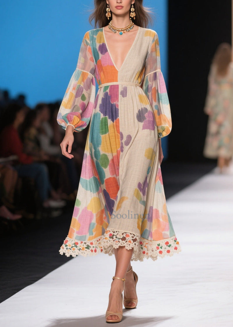 Apricot Print Patchwork Lace Holiday Dress Lantern Sleeve