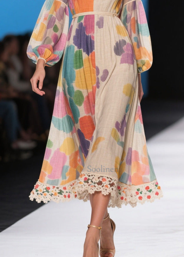Apricot Print Patchwork Lace Holiday Dress Lantern Sleeve