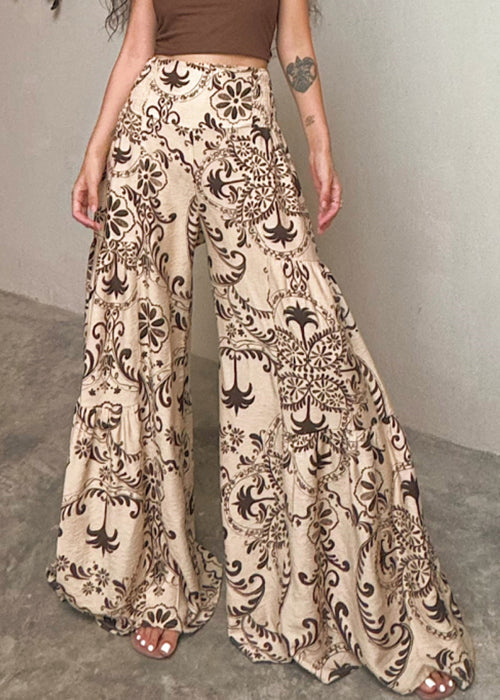 Apricot Print Pockets Cotton Wide Leg Pants Summer