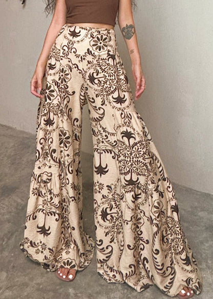 Apricot Print Pockets Cotton Wide Leg Pants Summer