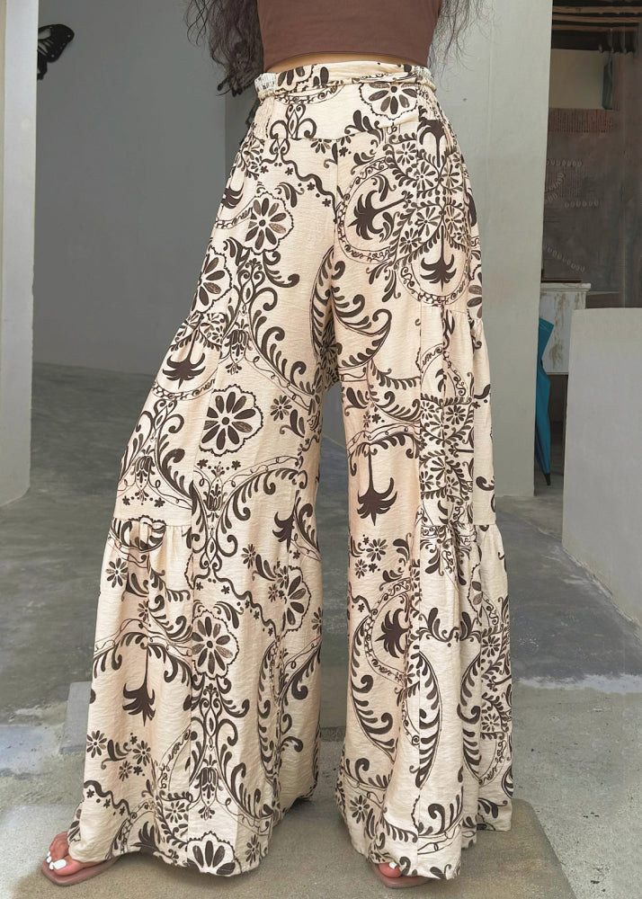 Apricot Print Pockets Cotton Wide Leg Pants Summer