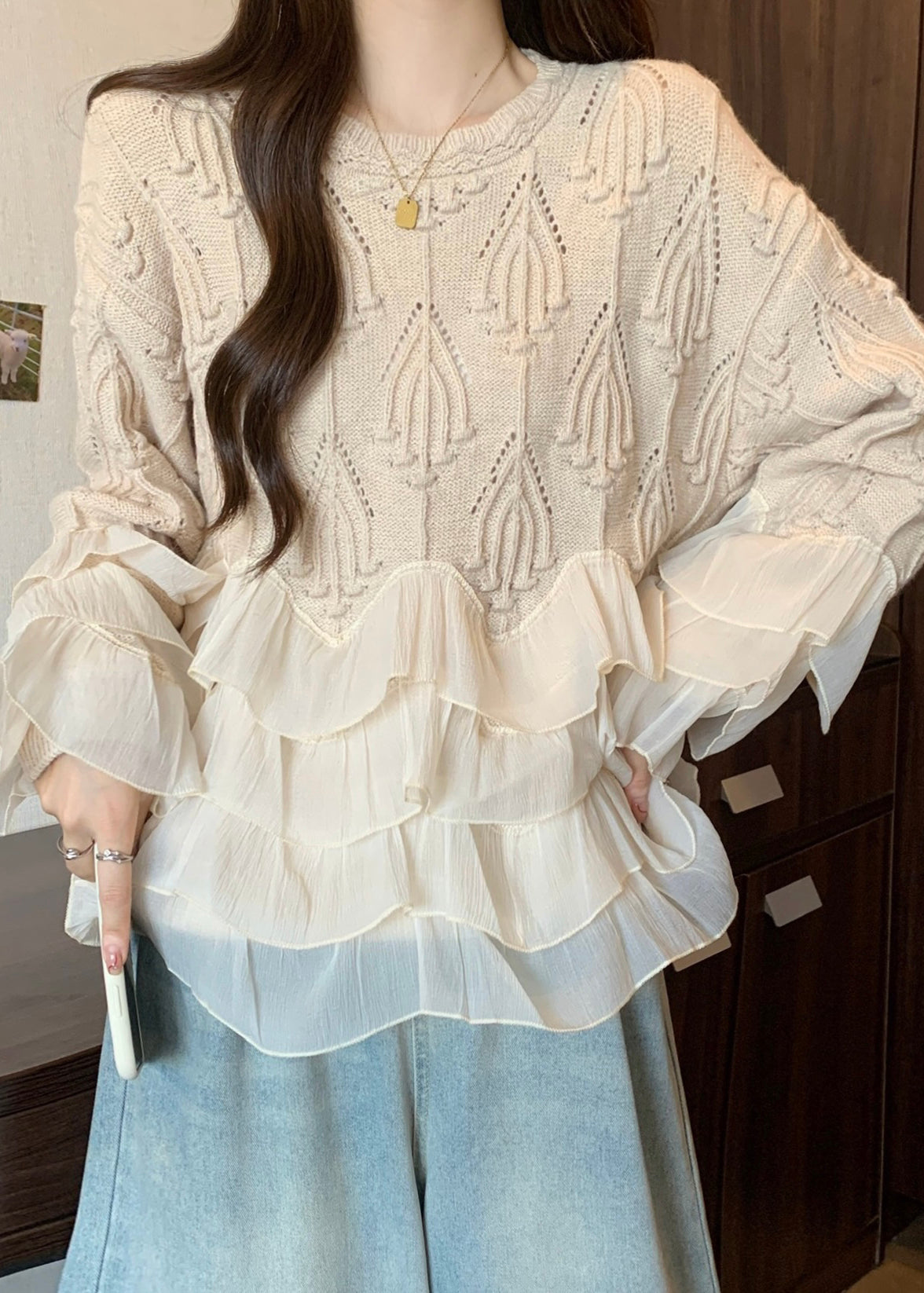 Apricot Ruffled Patchwork Knit Sweater Tops Spring