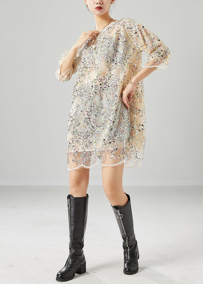 Apricot Sequins Nail Bead Chiffon Vacation Dress Summer