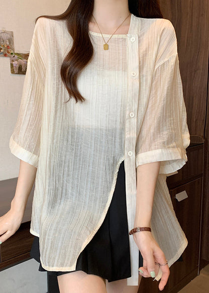 Chic Apricot Square Collar Button Chiffon Shirt Bracelet Sleeve