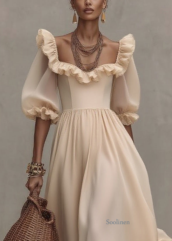 Apricot Square Collar Wrinkled Long Dress Half Sleeve