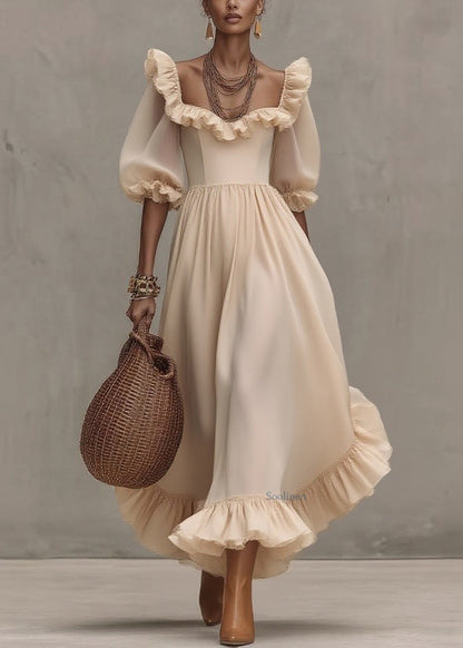 Apricot Square Collar Wrinkled Long Dress Half Sleeve