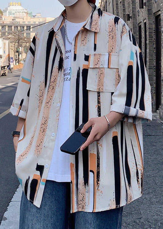 Apricot Striped Button Ice Silk Shirt Bracelet Sleeve