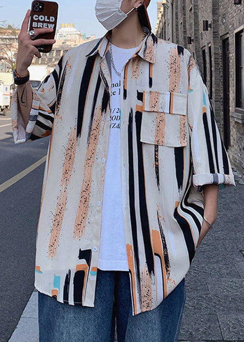 Apricot Striped Button Ice Silk Shirt Bracelet Sleeve