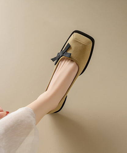 Apricot Suede Flat Shoes Splicing Bow