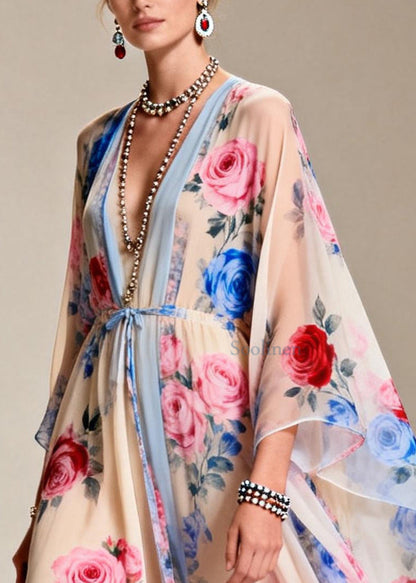 Apricot Tie Waist Print Chiffon Party Dress Summer