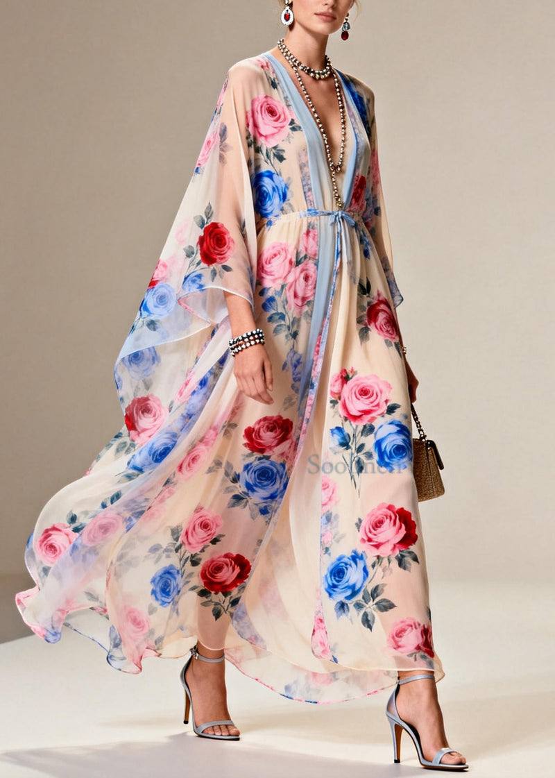 Apricot Tie Waist Print Chiffon Party Dress Summer