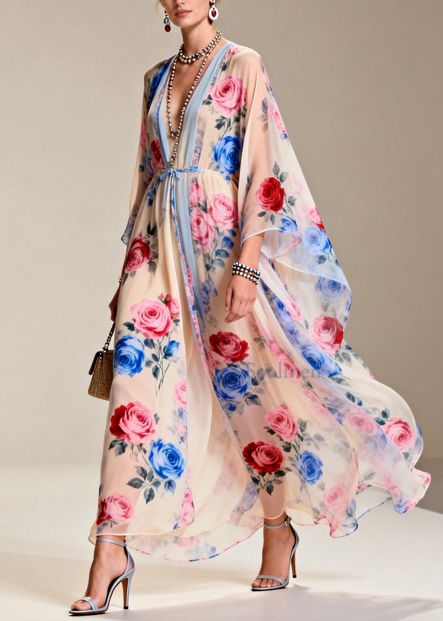 Apricot Tie Waist Print Chiffon Party Dress Summer
