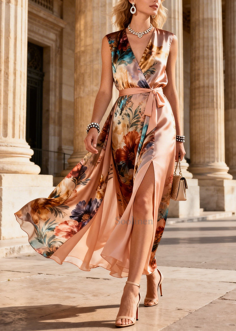 Apricot Tunic Print Side Open Chiffon Long Dress Sleeveless