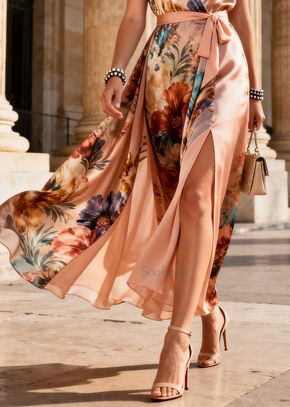 Apricot Tunic Print Side Open Chiffon Long Dress Sleeveless