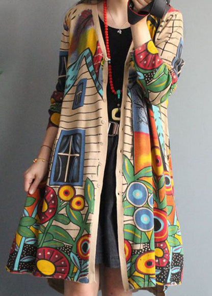 Apricot V Neck Button Print Fall Knit Loose Coat Long Sleeve