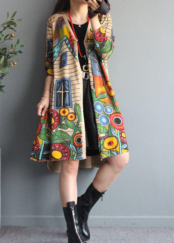 Apricot V Neck Button Print Fall Knit Loose Coat Long Sleeve