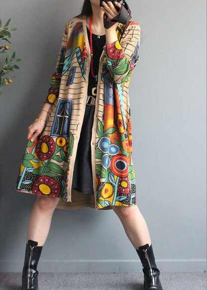 Apricot V Neck Button Print Fall Knit Loose Coat Long Sleeve