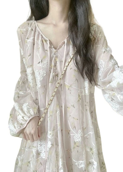 Apricot V Neck Embroidered Silk Mid Dress Lantern Sleeve