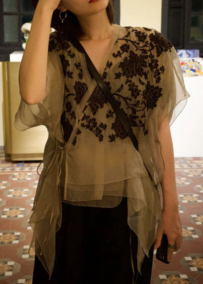 Apricot V Neck Embroideried Lace Up Patchwork Organza Tops Summer