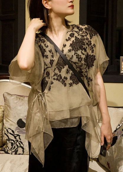 Apricot V Neck Embroideried Lace Up Patchwork Organza Tops Summer