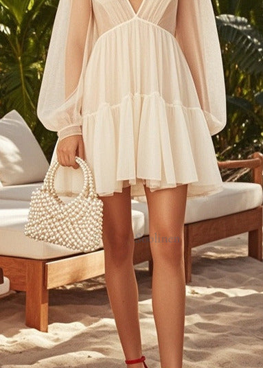 Apricot V Neck Exra Large Hem Tulle Tea Dress Summer