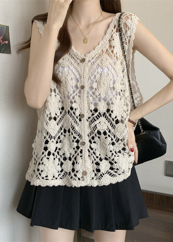 Apricot V Neck Hollow Out Knit Vest Sleeveless