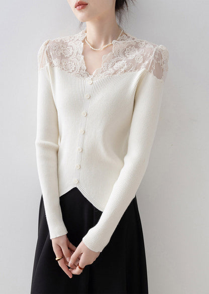 Apricot V Neck Lace Patchwork Knit Sweater Spring