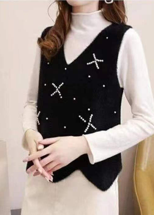 Apricot V Neck Nail Bead Patchwork Mink Hair Knitted Vest Sleeveless