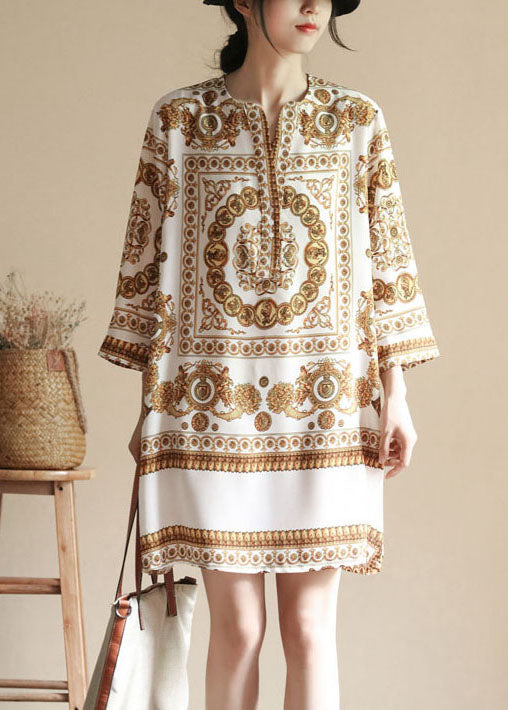 Apricot V Neck Print Patchwork Silk Dresses Summer