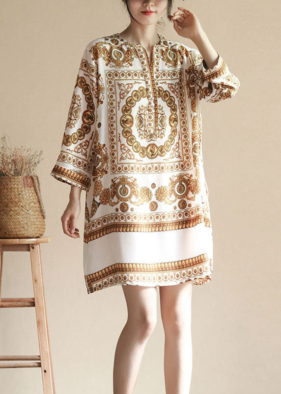 Apricot V Neck Print Patchwork Silk Dresses Summer