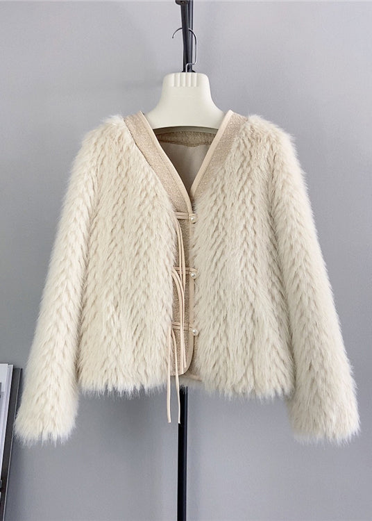 Apricot V Neck Tasseled Patchwork Mink Velvet Jacket Winter